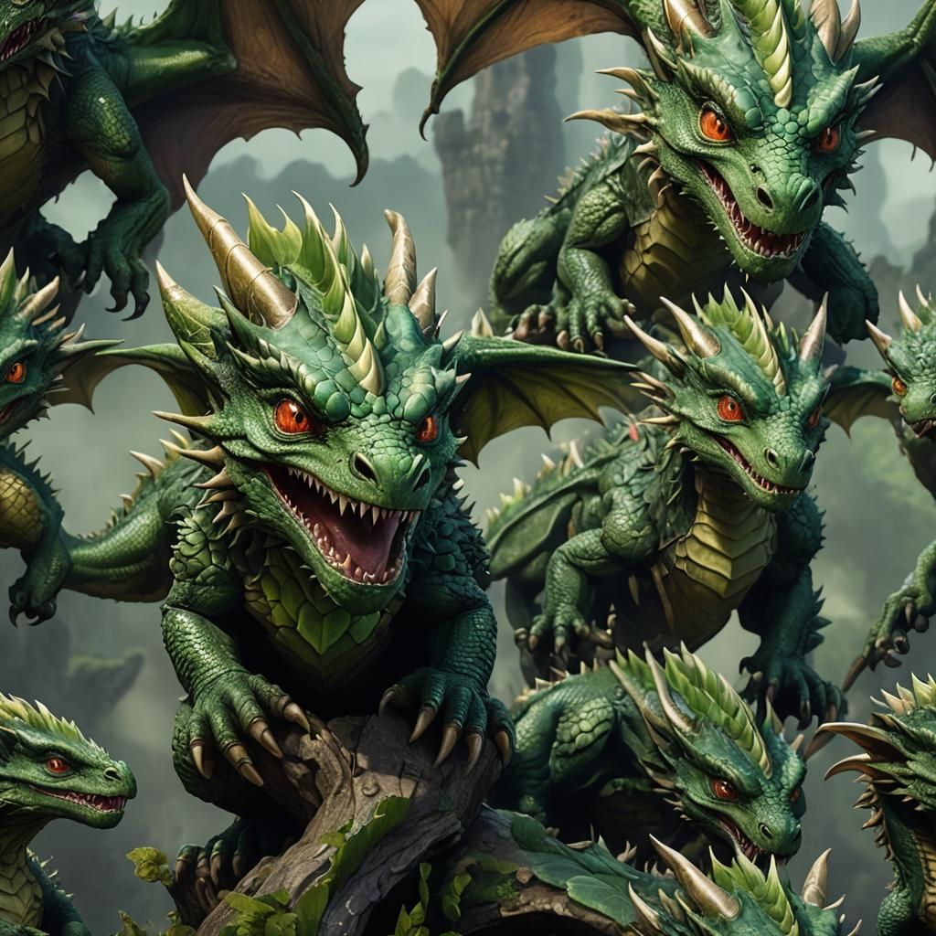 Three-Headed Green Dragon in Detailed Fantasy Art