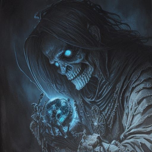 Skeletal Hand Gripping Glowing Orb in Dark Fantasy Art