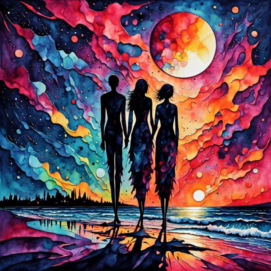 Cubist Artwork of Silhouetted Figures Under Moonlit Night Sk...