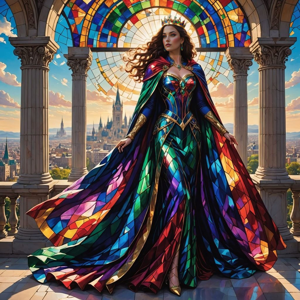 Regal Queen in Stained-Glass Gown Overlooking City