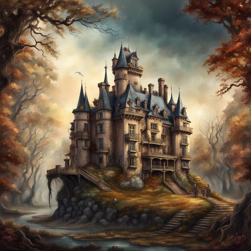 Steampunk Castle Diorama with Dragon in Watercolor