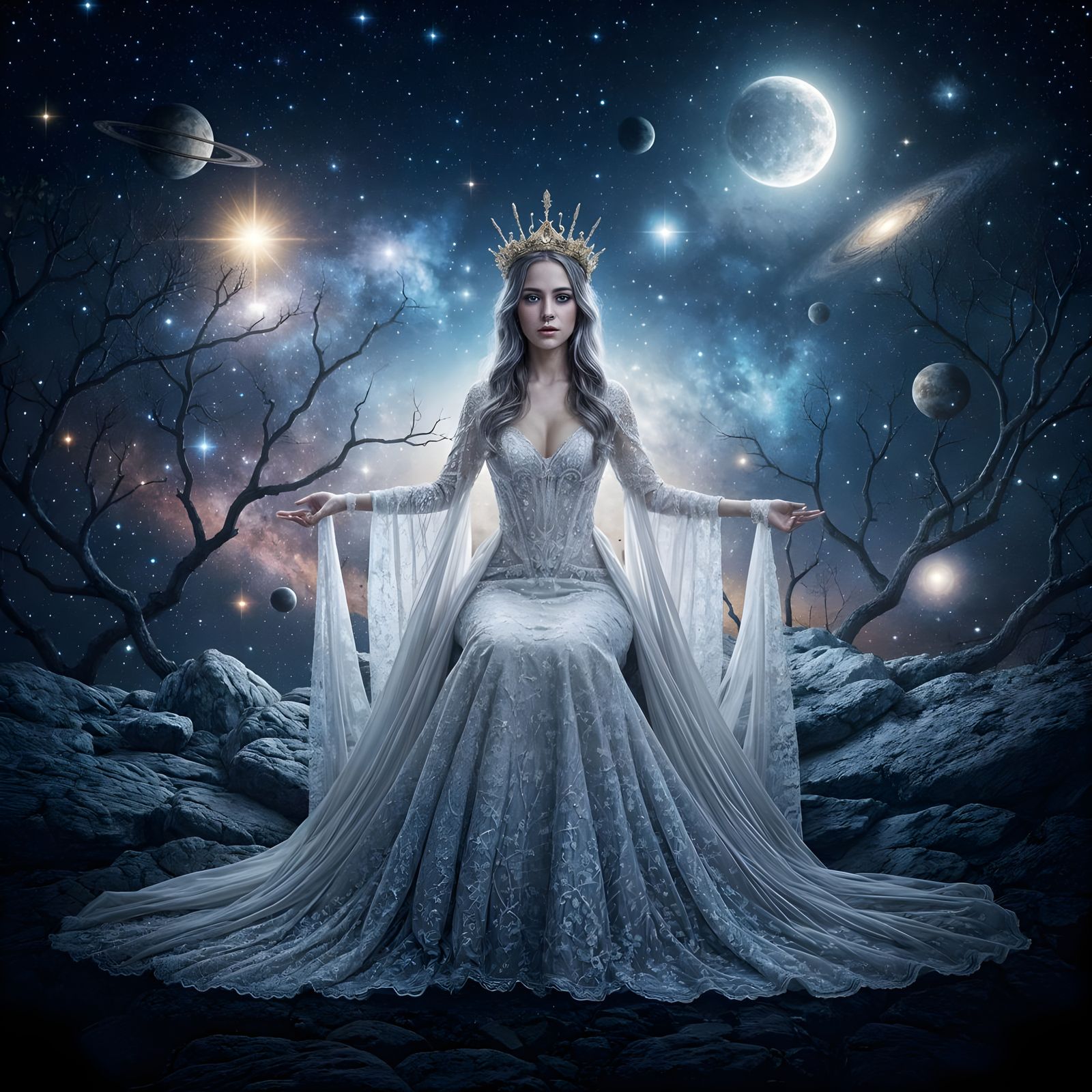 Ethereal Queen in Cosmic Nightscape