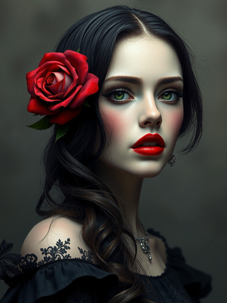 Rose Adorned Woman in Grayscale, Matte Painting