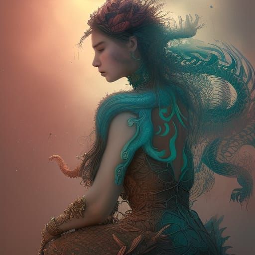 Dragon Scale Dress Portrait, Hyperdetailed Digital Art