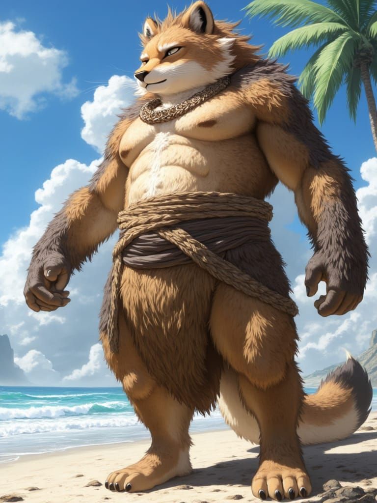 Regal Beach Furry, Towering Giant in a Sarong