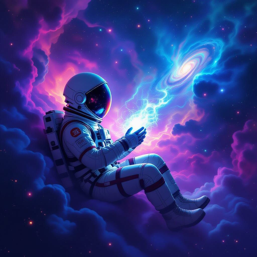 Astronaut Adrift in Nebula with Glowing Artifact