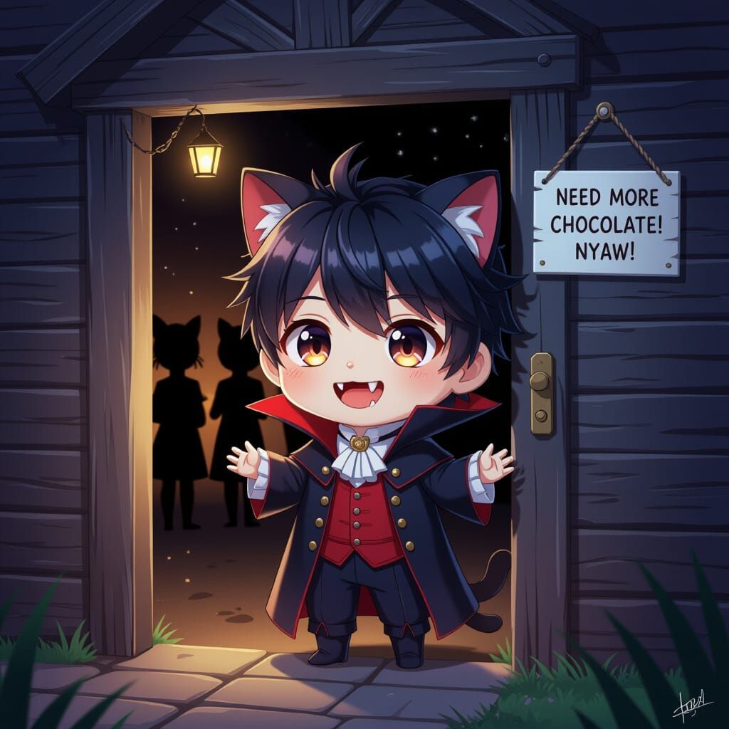 Chibi Vampire Catboy Peeking from Doorway in 3D Anime Style
