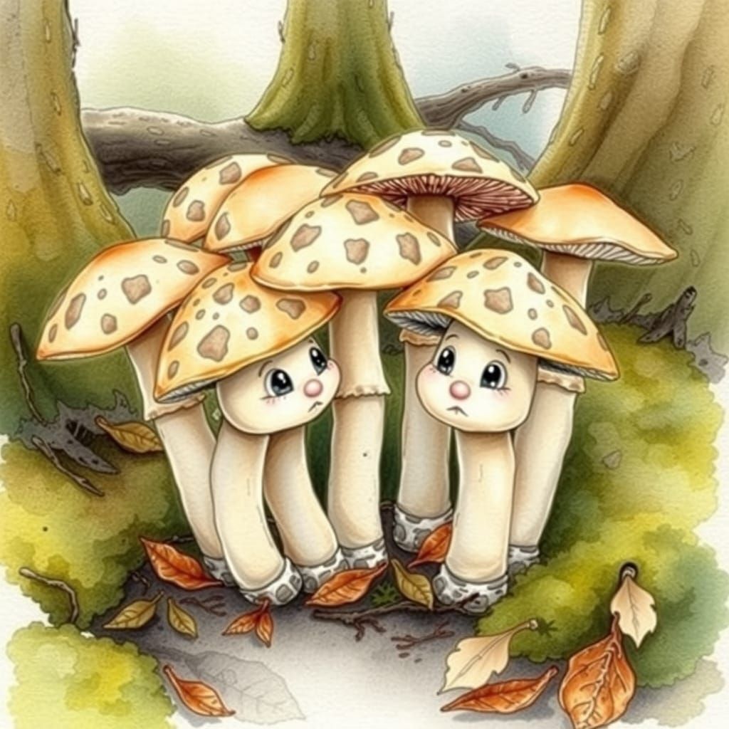 Whimsical Toadstools Gossip in Watercolor Illustration