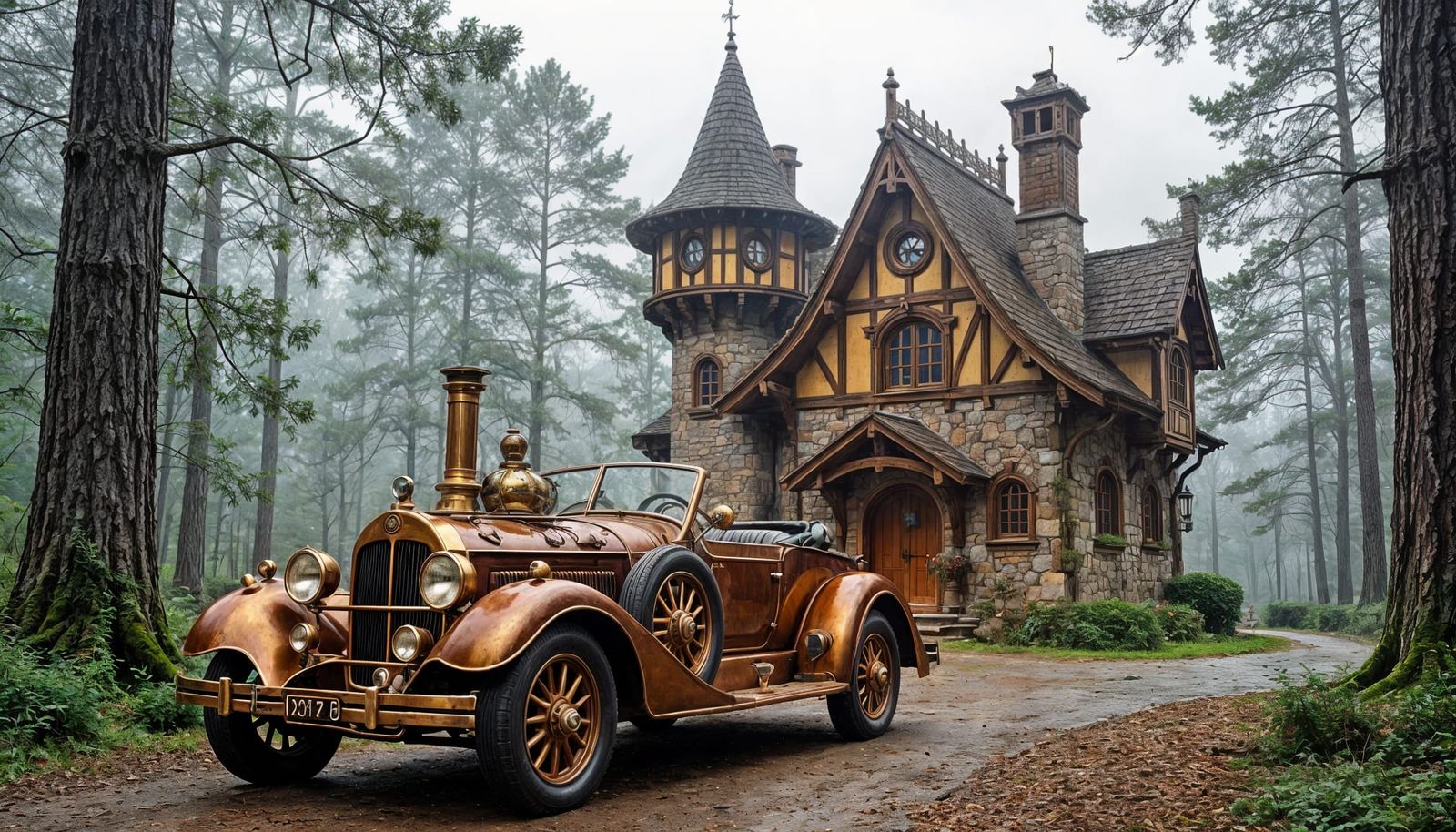 Steampunk Elven Cottage with Antique Car in Oak Forest