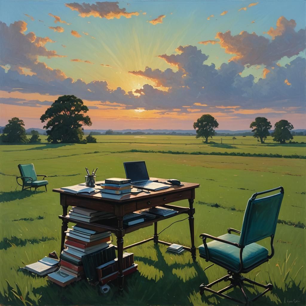 Sunset Field with Table and Books: Oil Painting
