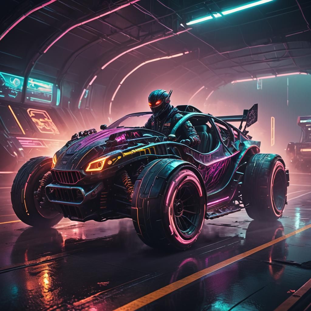 Monster in Futuristic Race Car, Neon Concept Art