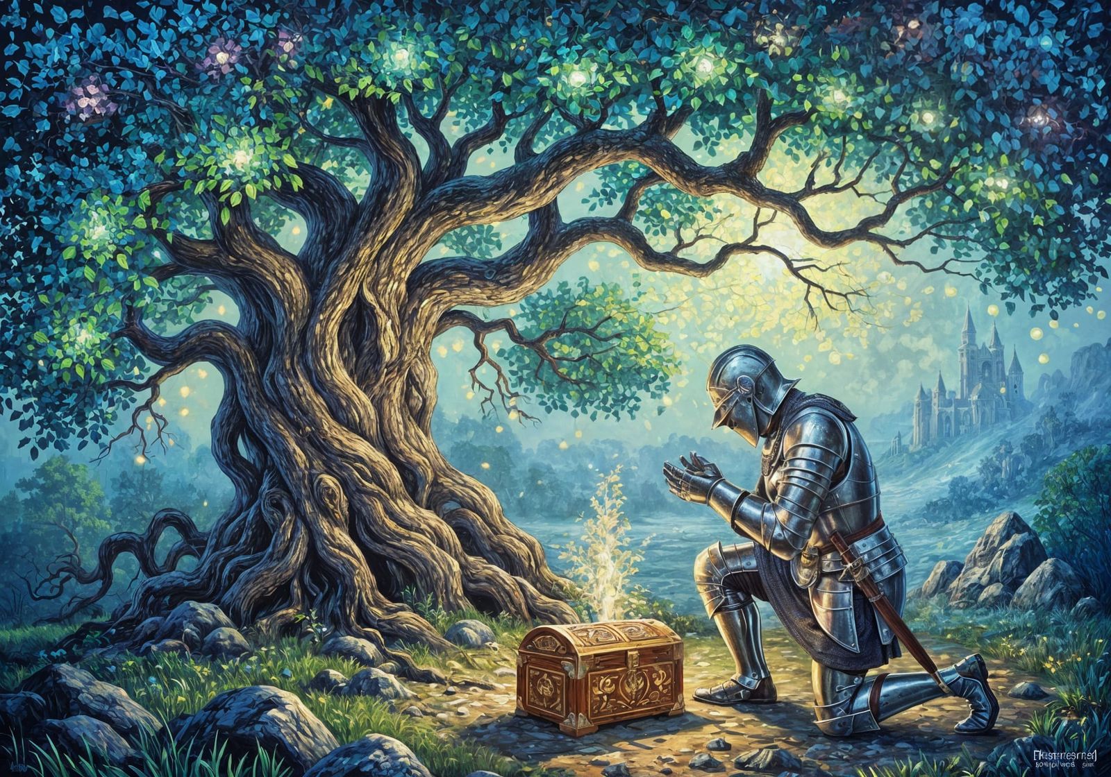 Medieval Knight and Bioluminescent Tree, Oil Painting