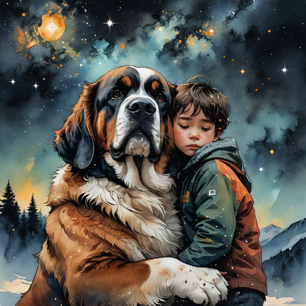 Child and St Bernard Portrait in Watercolor Style