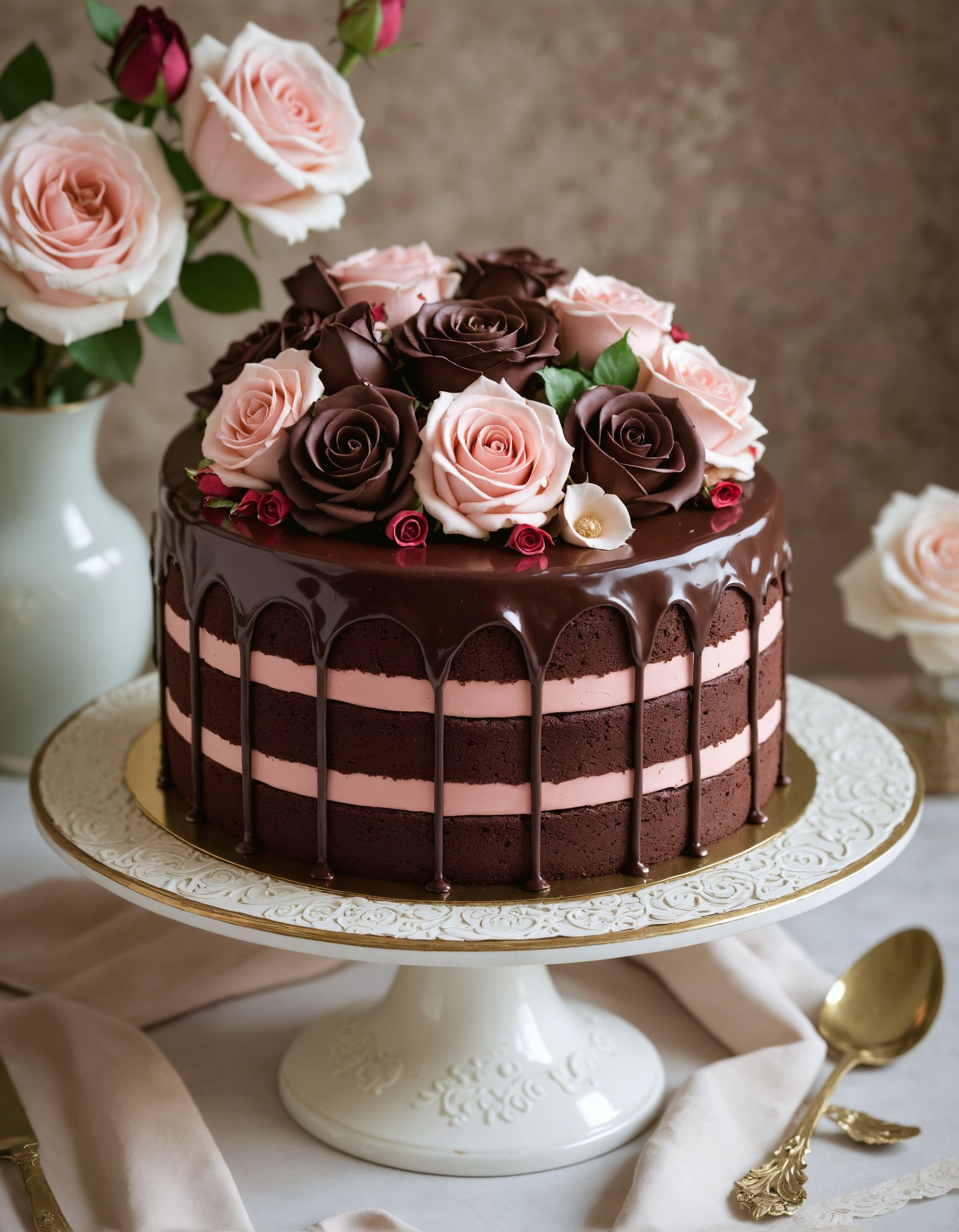 Luxurious Chocolate Rose Ganache Cake on Vintage Stand