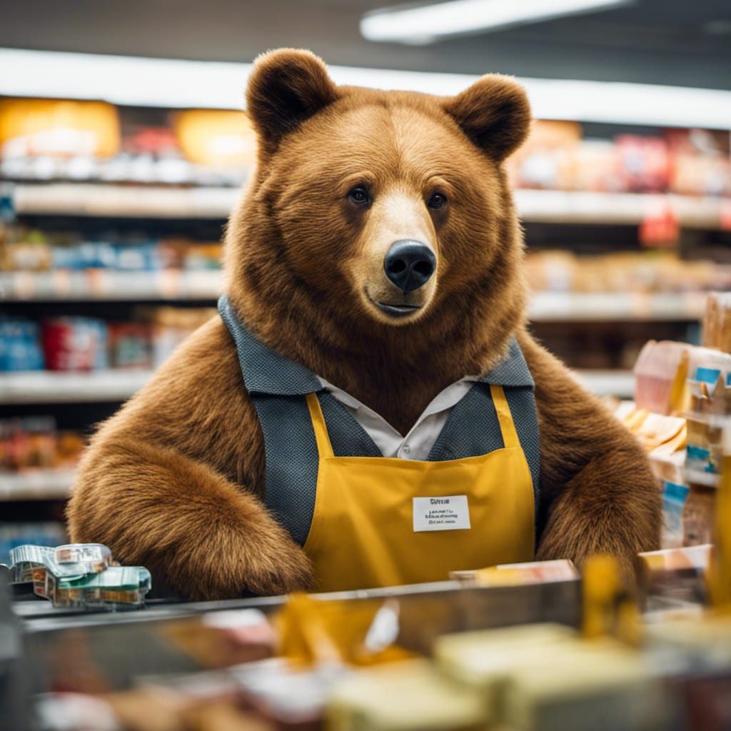 Realistic Worker Bear as Supermarket Cashier