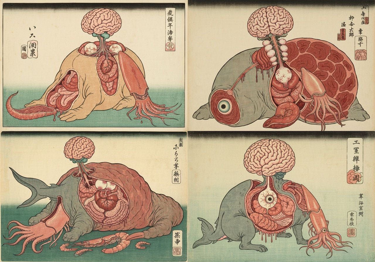 Ukiyo-e Hybrid Homunculus with Pulsing Brain