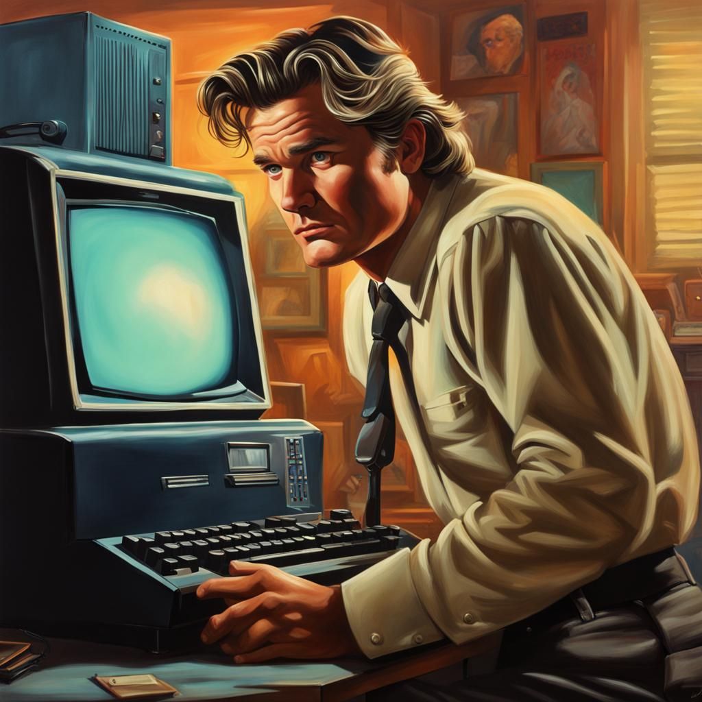 Young Man with Computer: Hyperrealistic 1950s Scene