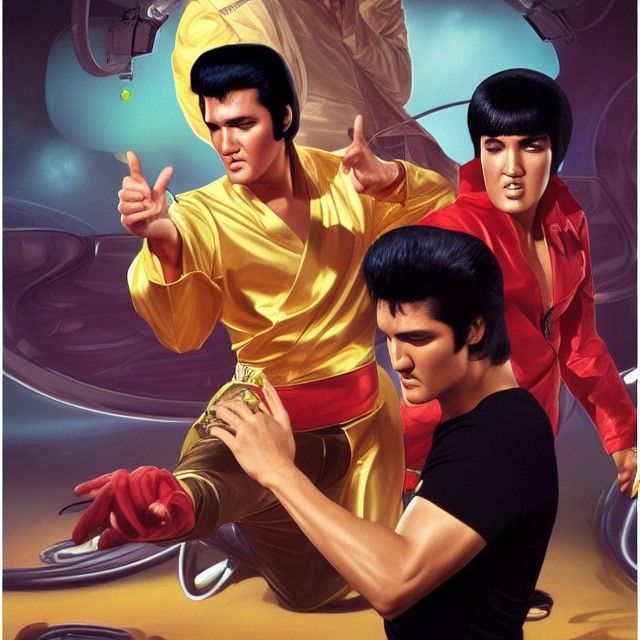 Elvis vs. Bruce Lee in Spaceship, Digital Art