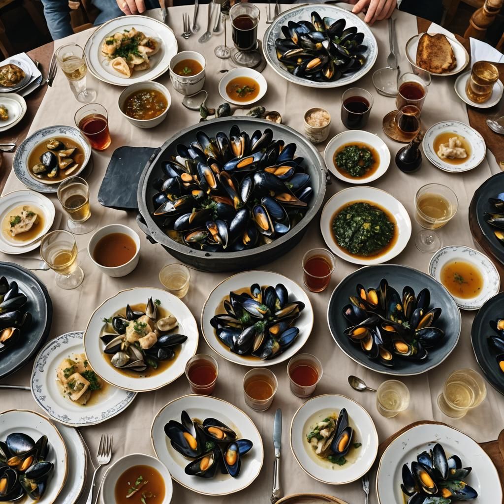 A French dinner table in the Middle Ages with plates of stea...