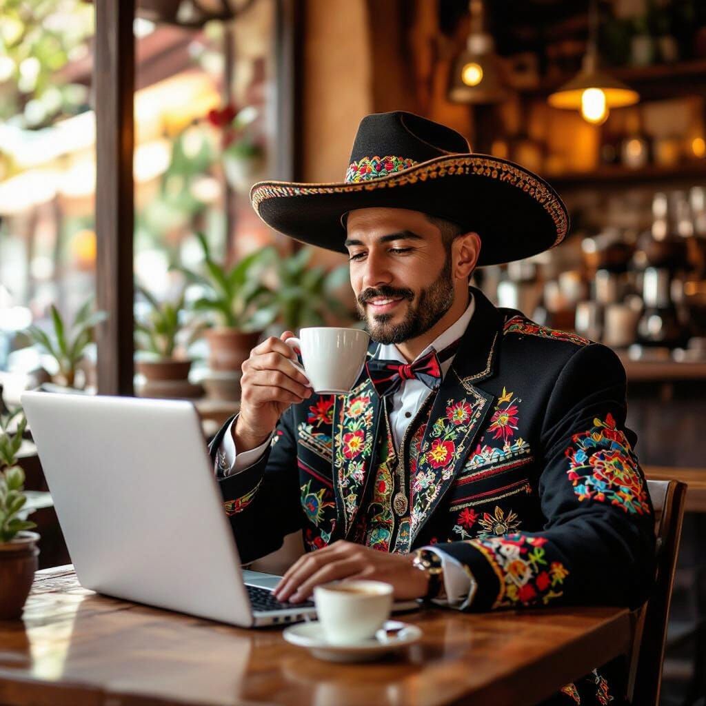 Man in Mexican Attire Working on Laptop in Cafe