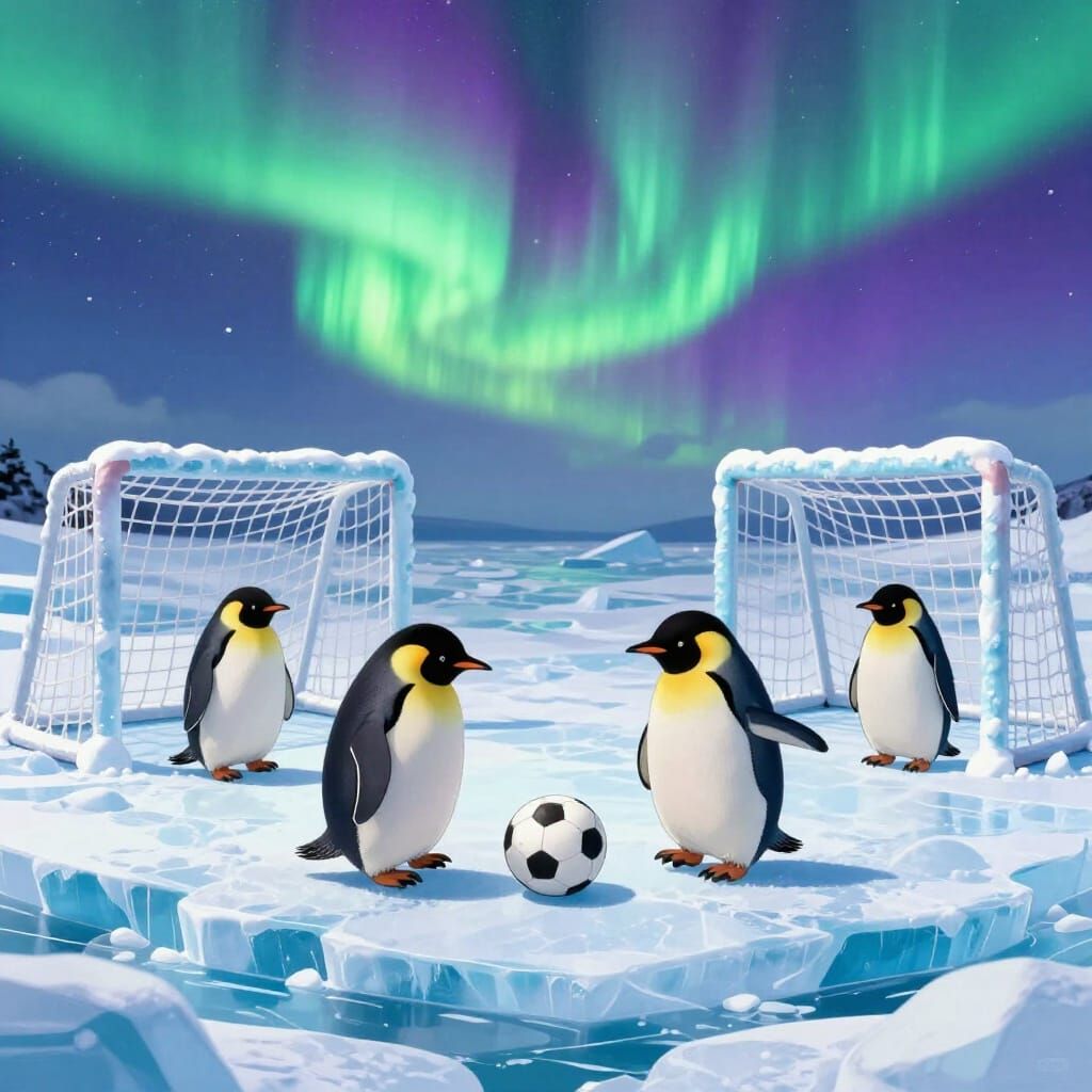 Adorable Penguins Play Soccer Under the Aurora