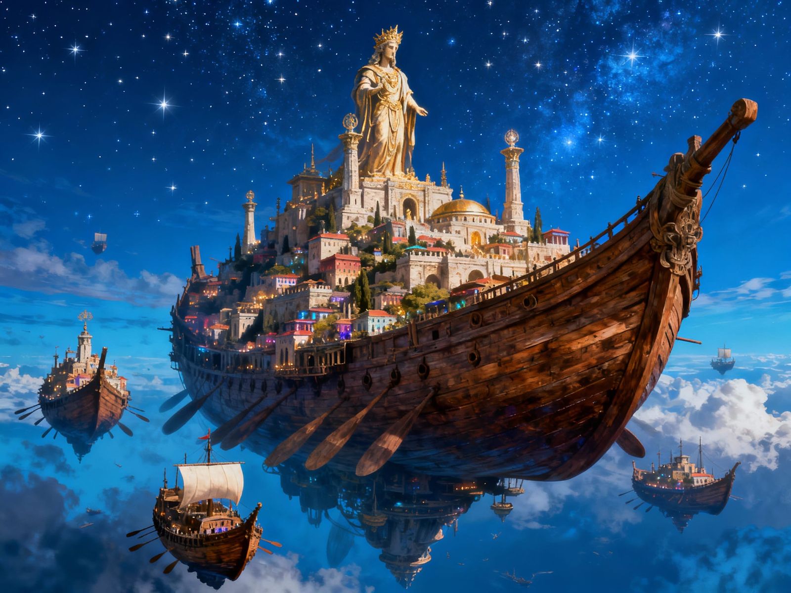 Ancient Sky Cities of Gods in Starry Blue Sky