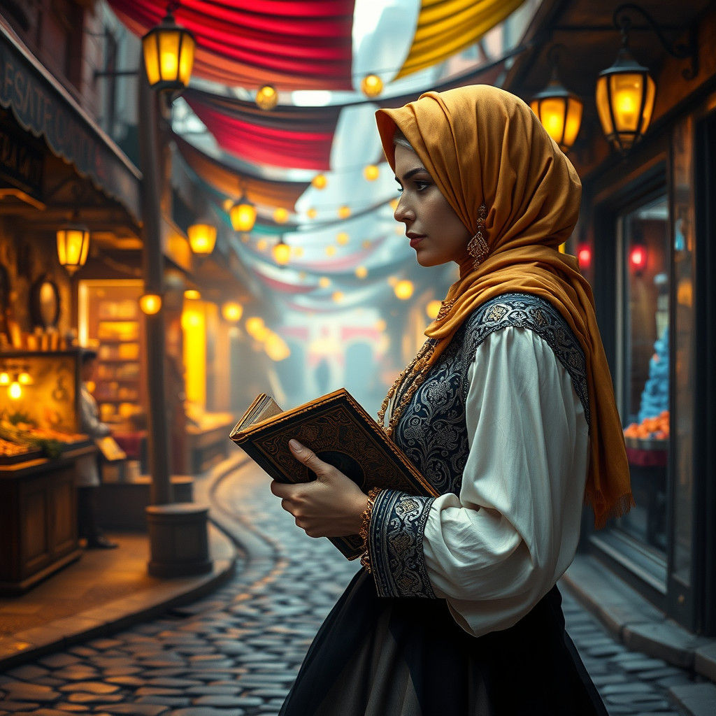 Hasidic Woman Walks in Mystical Market