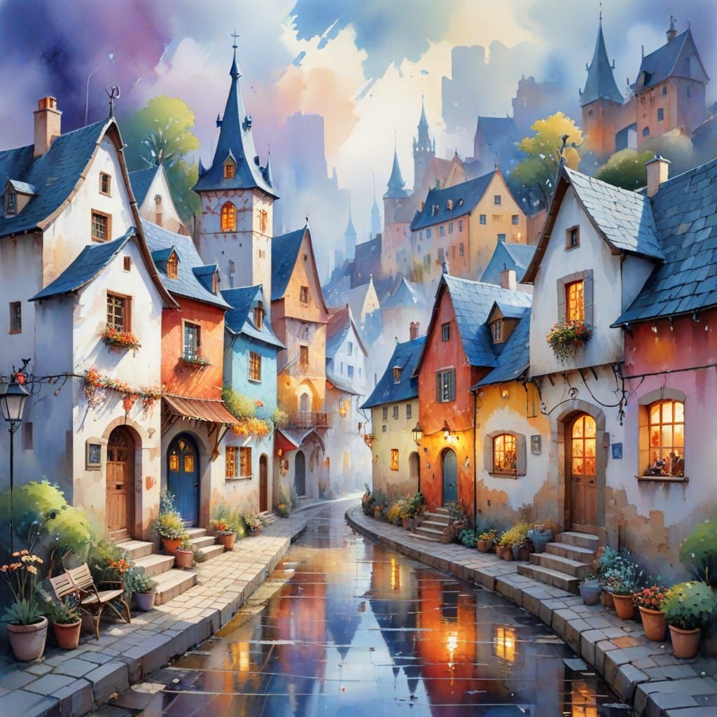 Enchanting Fairy Tale Village in Watercolour Style
