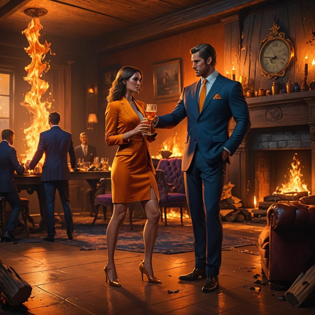 Fantasy Realism: Man and Muscular Woman by Fire