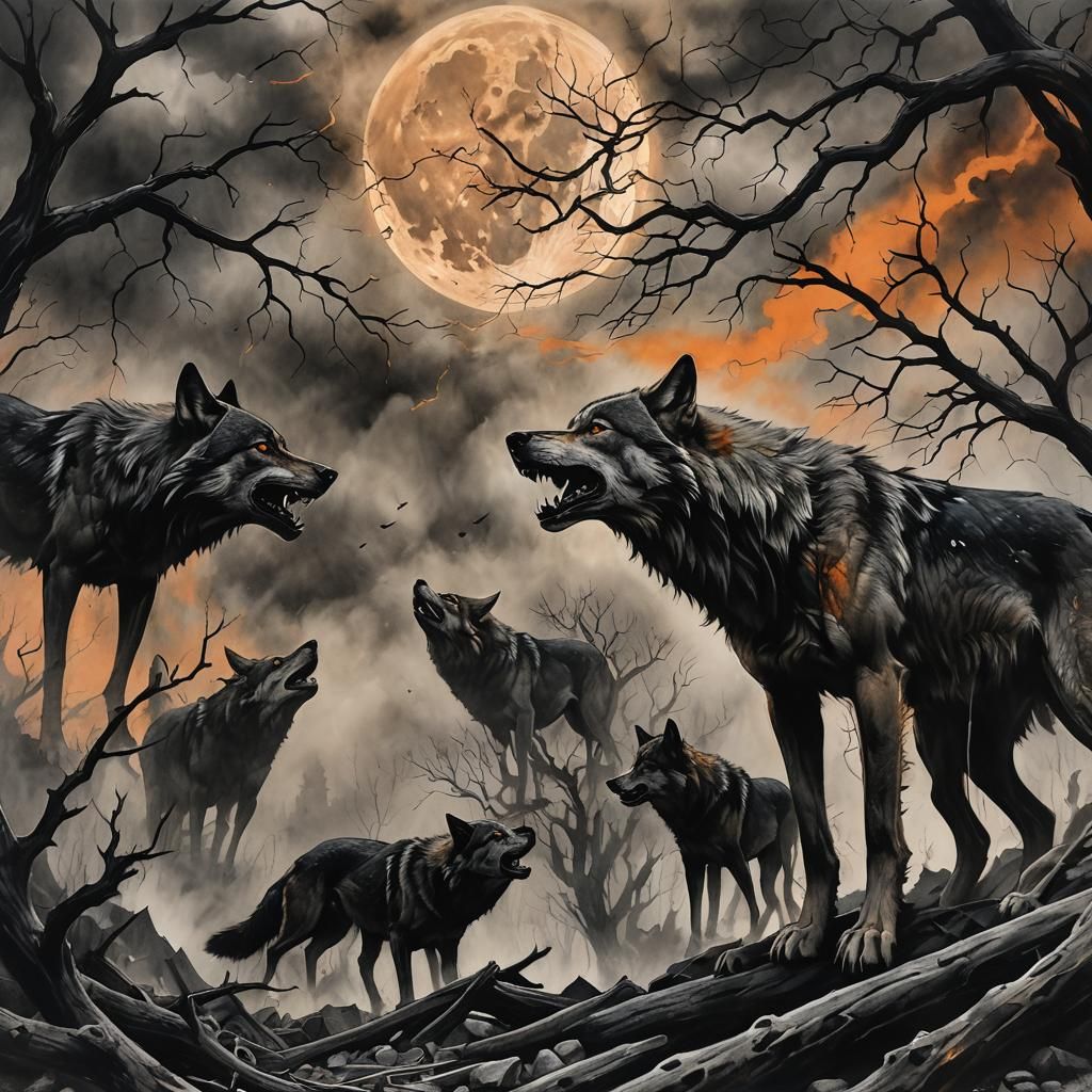 Apocalyptic Wolves Howl in Charcoal Drawing