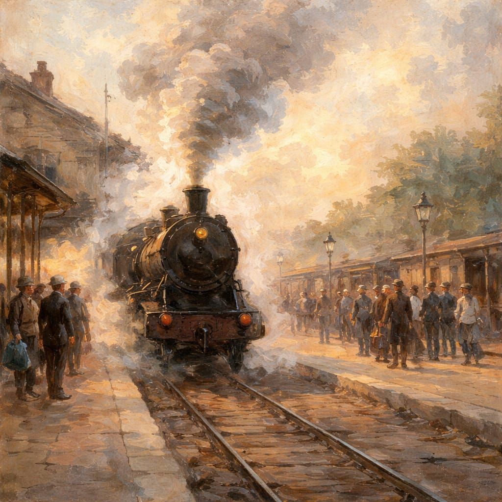 Impressionist Steam Train Arriving at Station