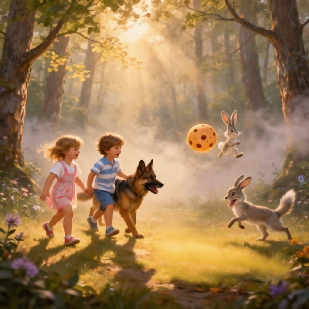 Children and Dog in Enchanted Forest with Fairy Tale Scene