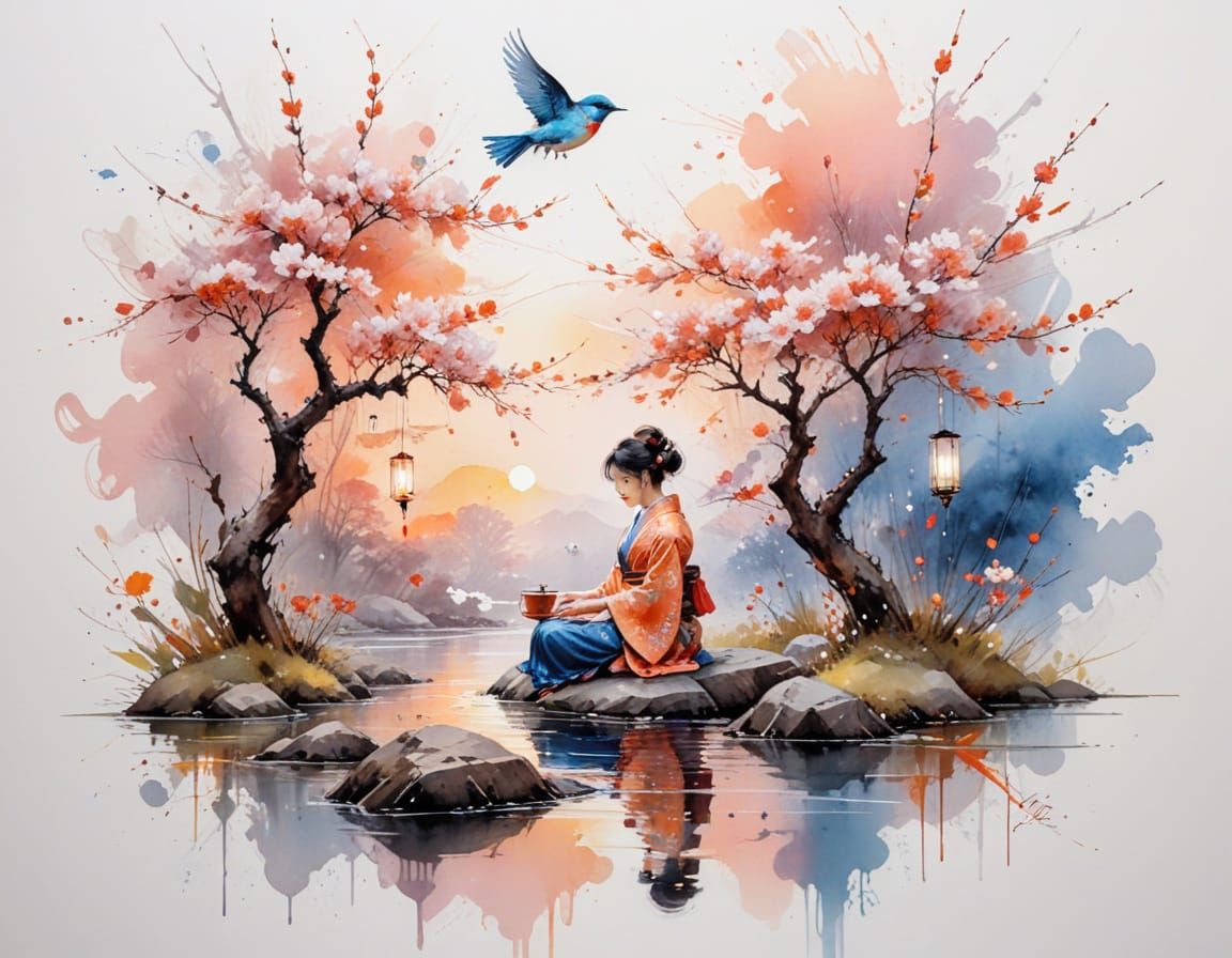 Ukiyo-e Tea Ceremony Garden at Dusk