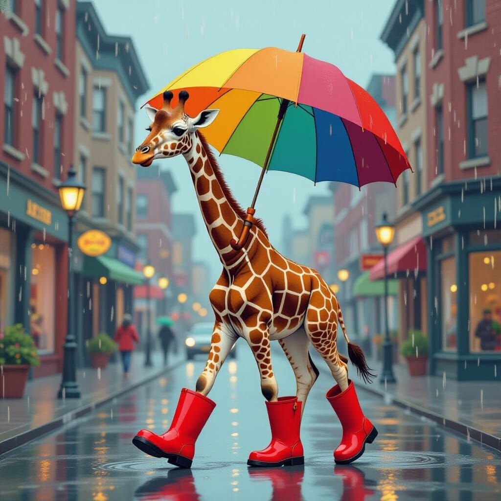 Giraffe with Rainbow Umbrella in Surreal Style