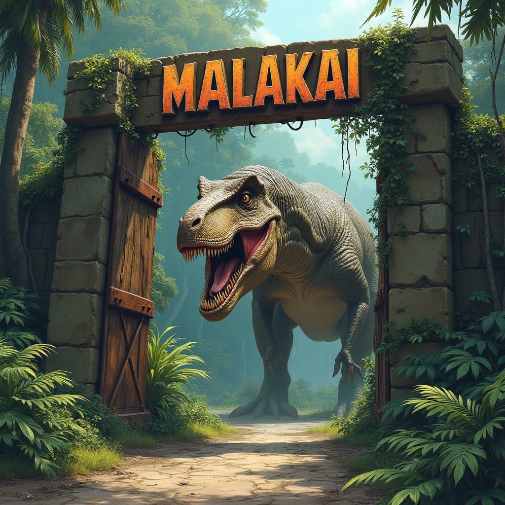 Tyrannosaurus Rex Emerging from a Ancient Gate in a Dramatic...