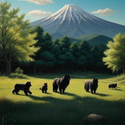 Akita Inu Dog Playing in Green Meadow