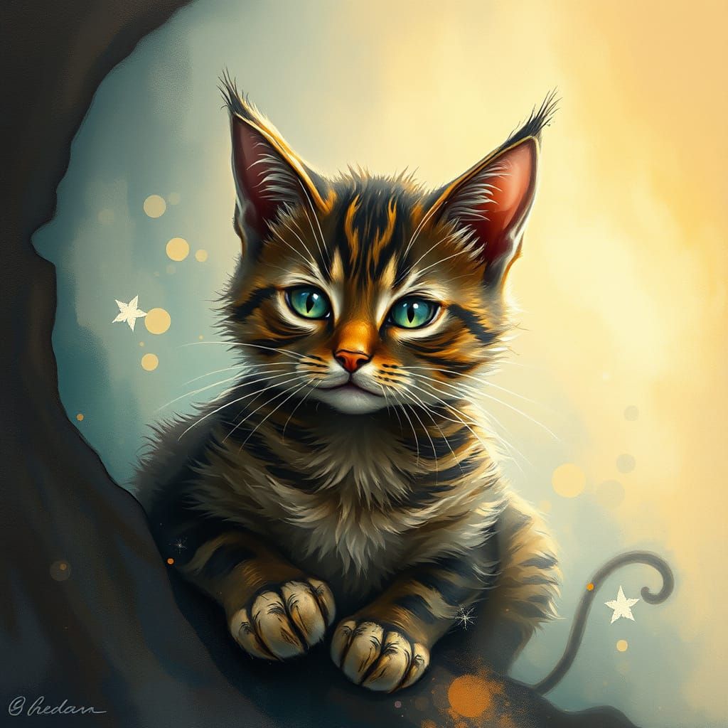 Boy and Cat in Ethereal Mist: Mixed Media Art