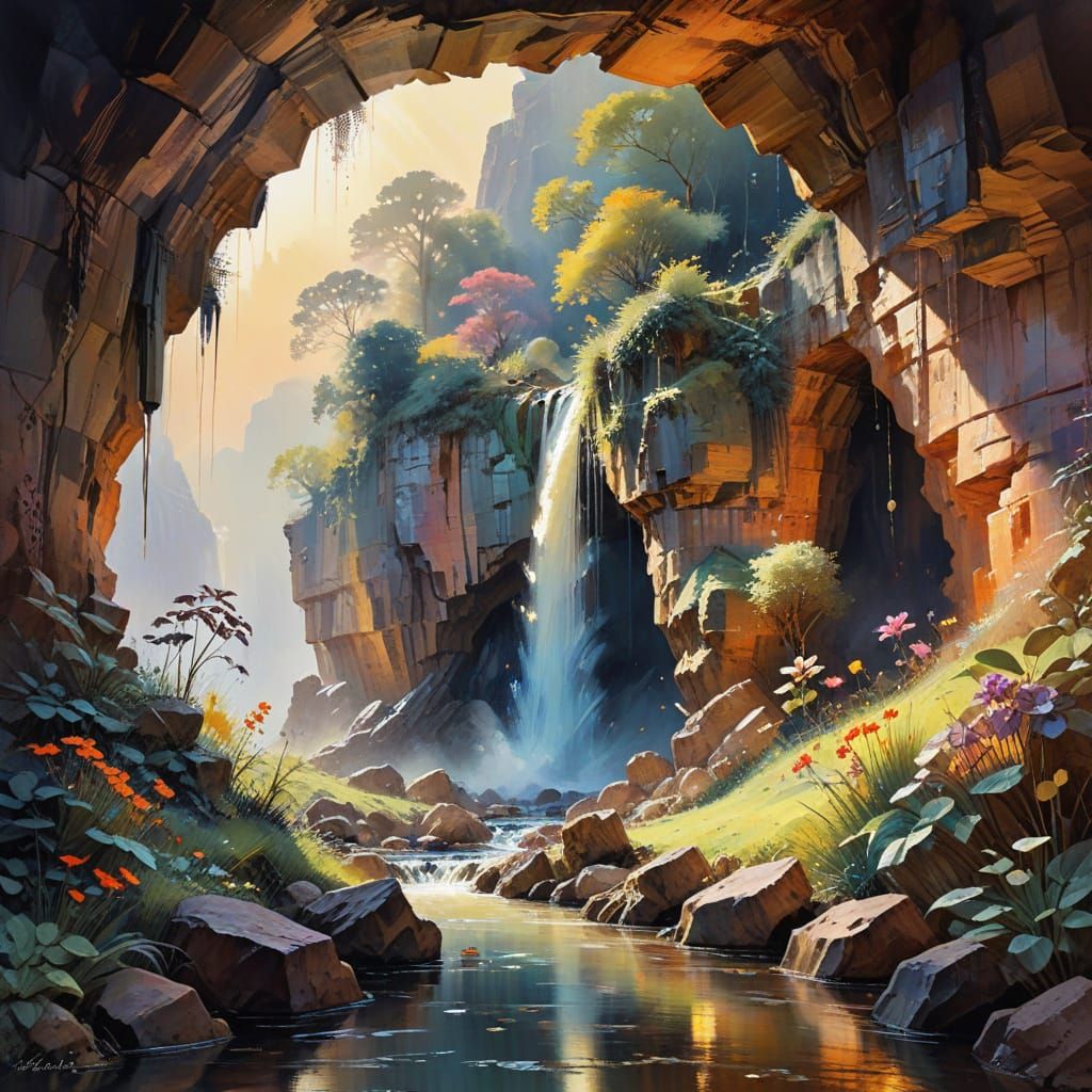 Fantasy Waterfall Cave in Watercolor Style