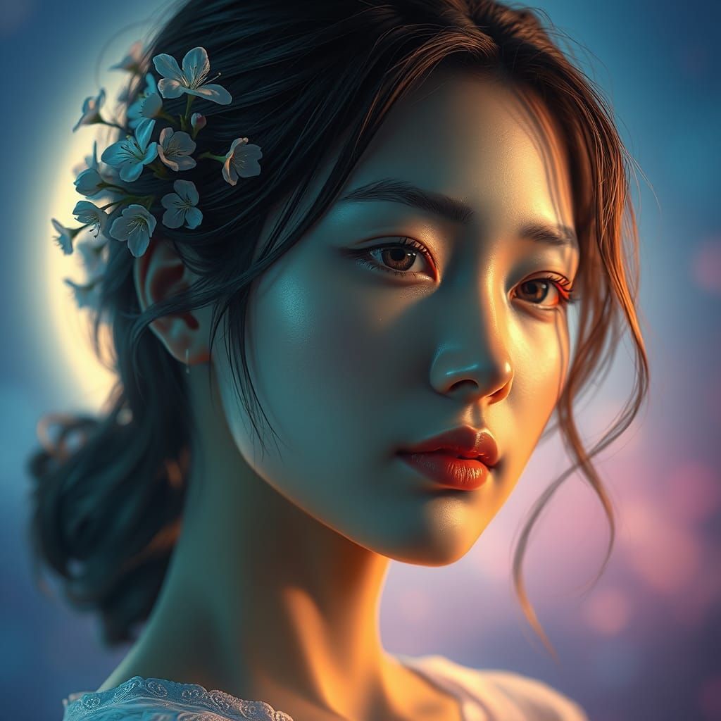 Lunar Portrait with Plum Blossoms in Splash Art Style