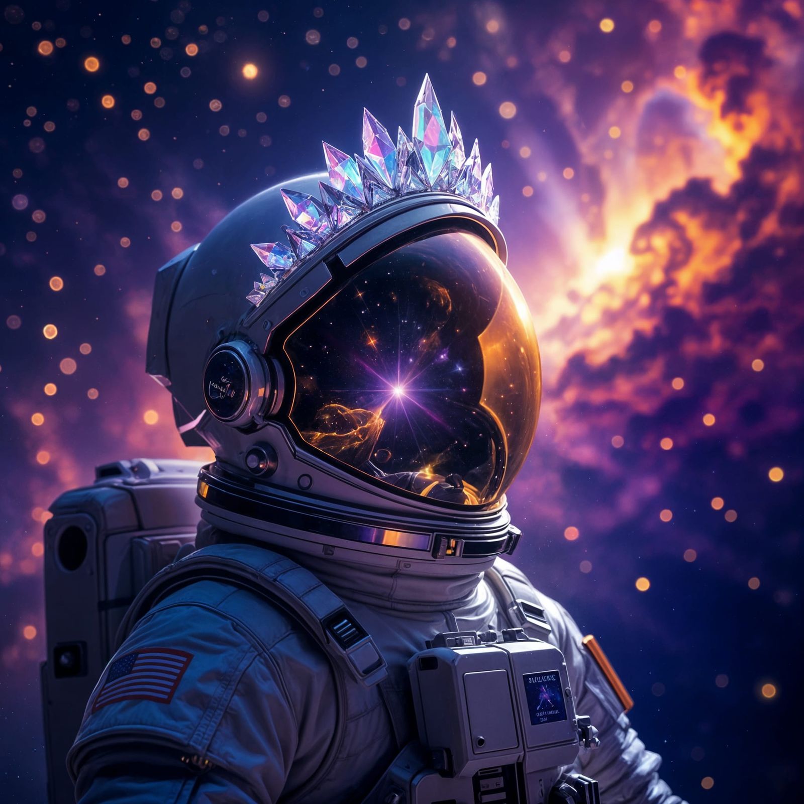 Astronaut Adrift in Cosmic Void with Crystalline Crown