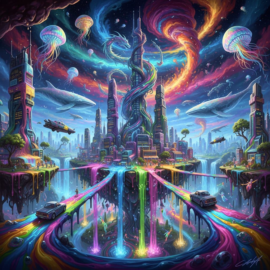 Surreal Liquid City: Melting Skyscrapers and Neon Rivers