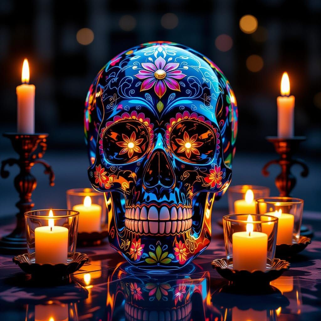 Vibrant Glass Sugar Skull Sculpture with Candlelight