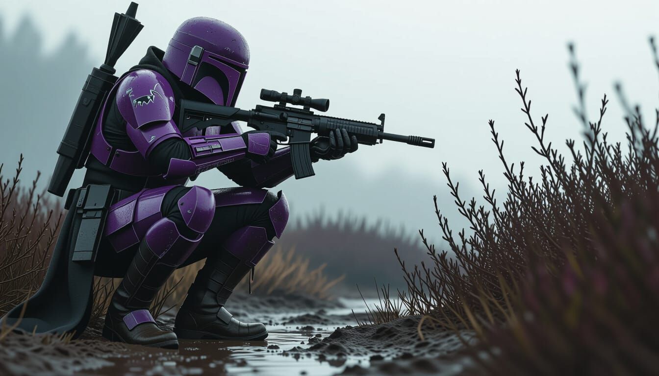 Armored Bounty Hunter Aims Rifle in Misty Atmosphere