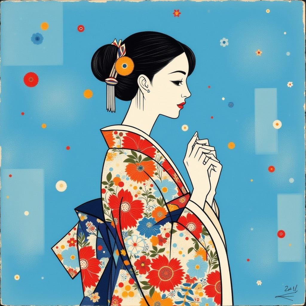 Minimalist Japanese Woman in Yukata with Embroidery