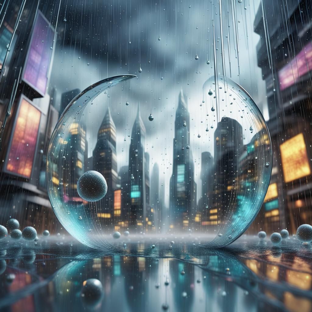 Futuristic Cityscape on Rainy Day in Hyperrealism