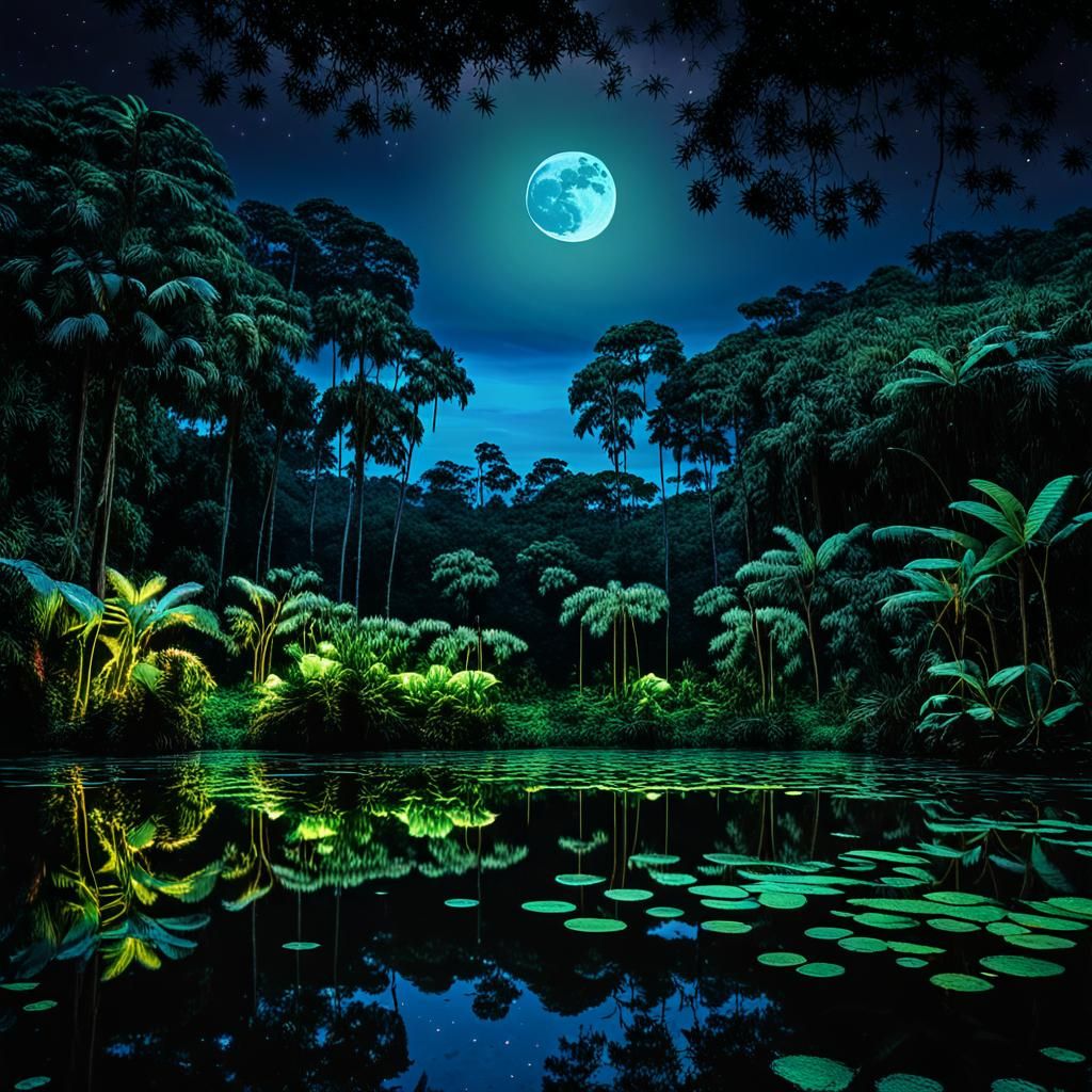 Iridescent Glow Bugs Over Rainforest Pond: Surreal Ink and W...