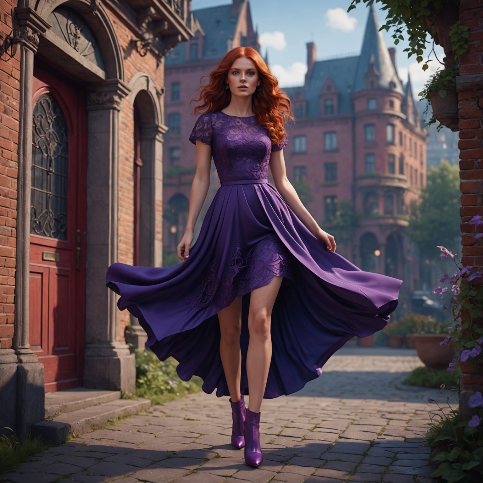 Red-Haired Woman in Purple Dress Stepping Out