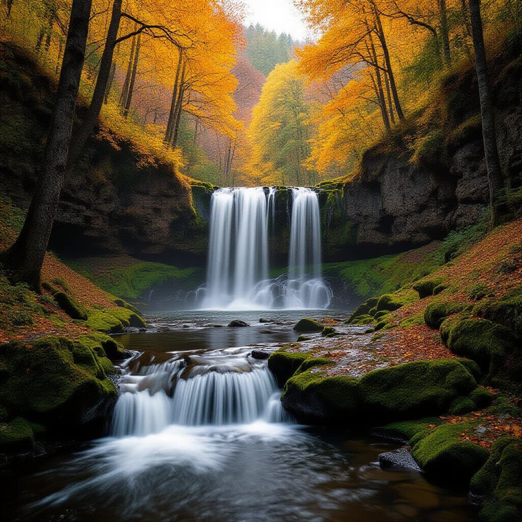 Autumn Waterfall in Spring Landscape