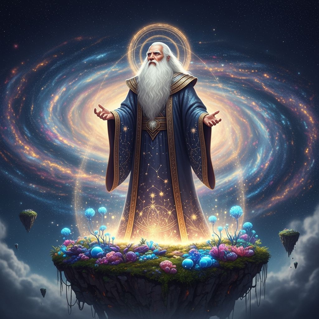 Celestial Elder on Floating Island Amidst Nebula