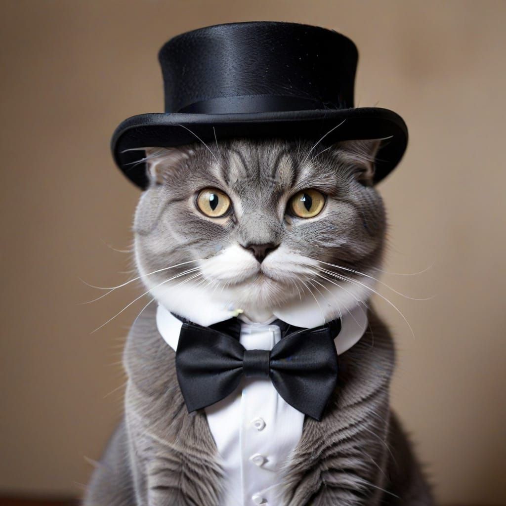 Whimsical Cat in Top Hat and Bowtie